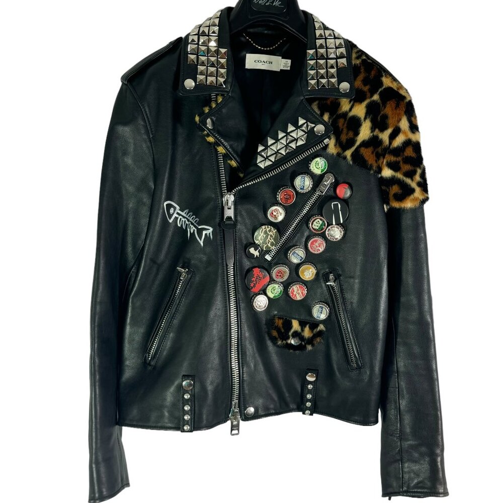 COACH Moto Biker Black Leather Embellished Studded Pins Fur Men's Jacket 48 M